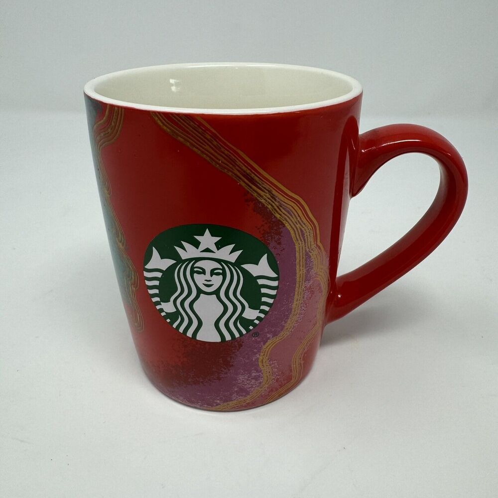 Starbucks Mug Red Gold Pink Green Swirl Marble 2021 Mermaid Logo 10oz Coffee